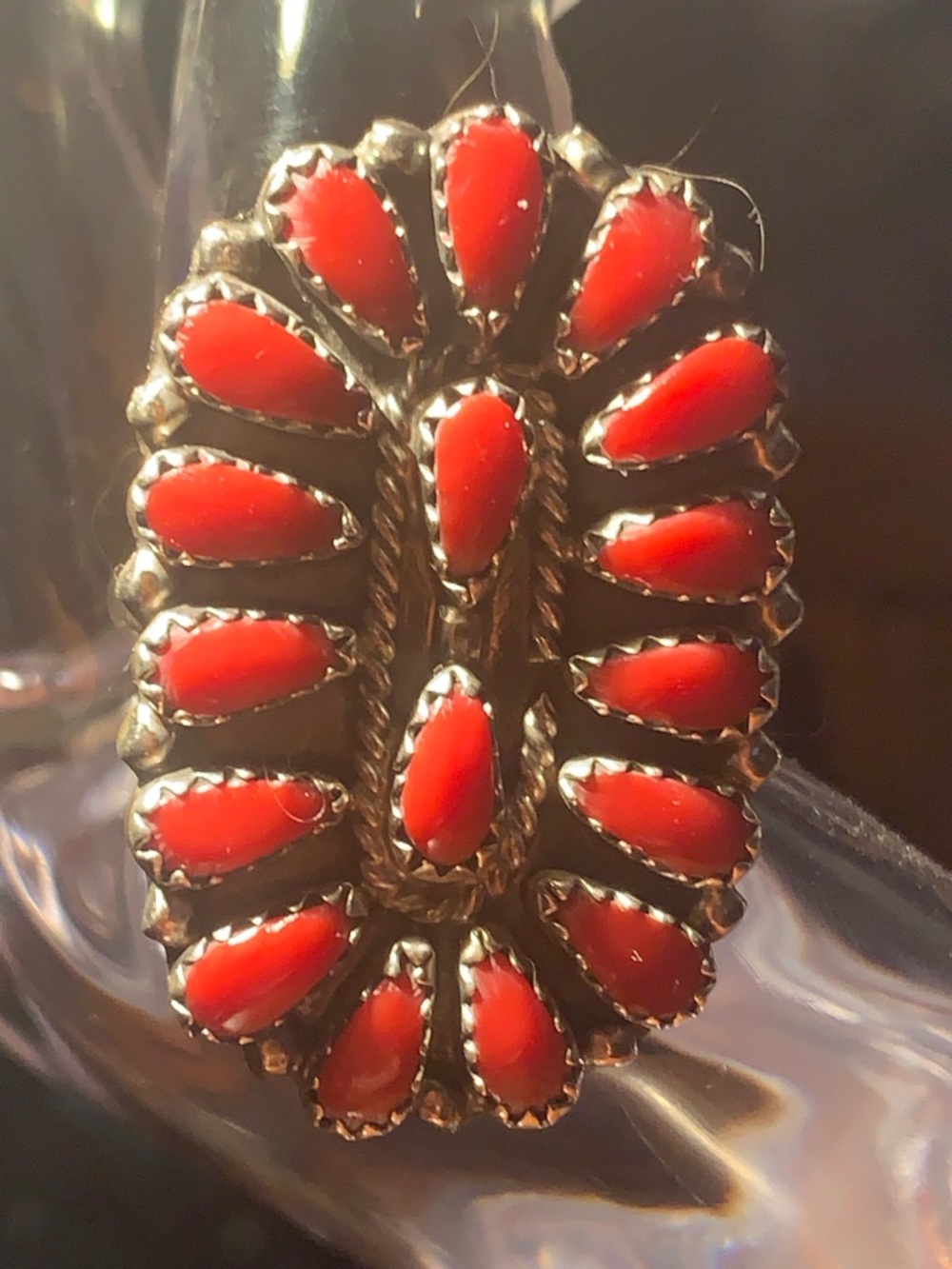 Vintage Old Pawn Zuni Red Coral Cluster Petite Point Ring Signed IN
